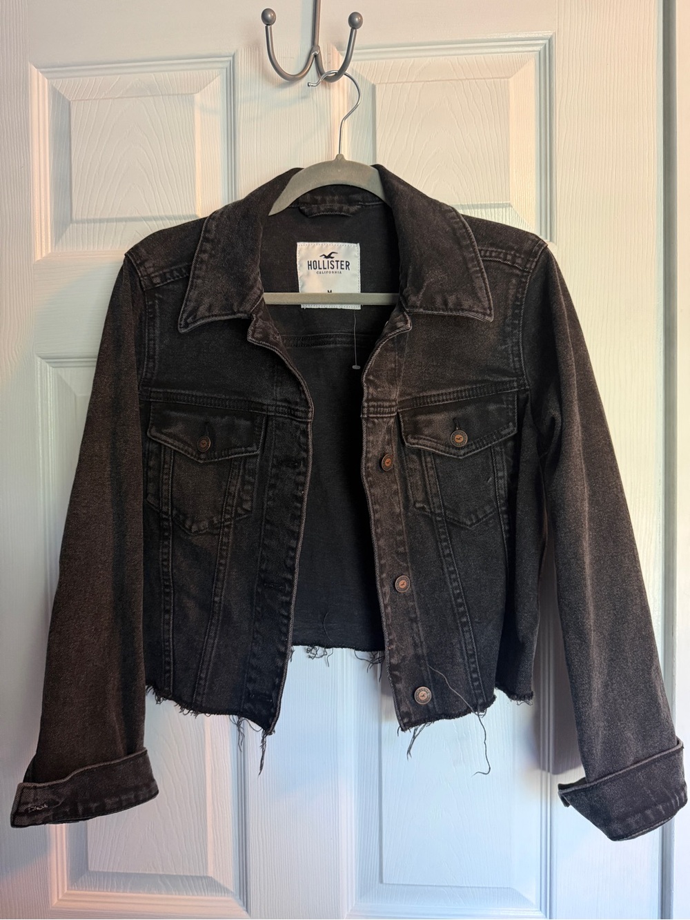 Hollister Women's Washed Black Cropped Denim Jacket